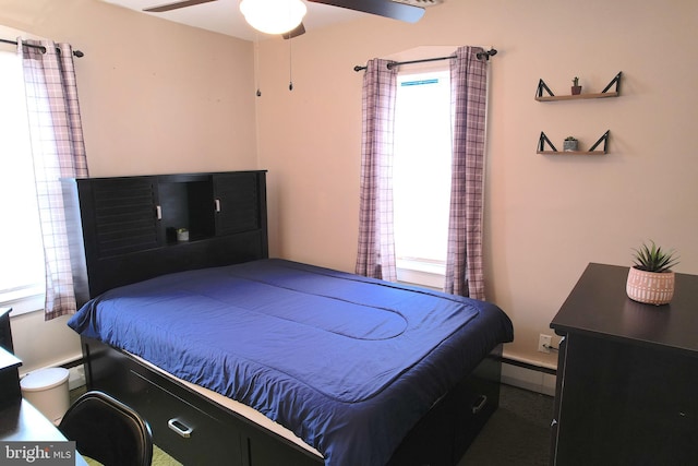 bedroom with baseboard heating and ceiling fan