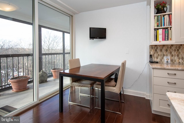 dining space featuring expansive windows and dark wood-type flooring