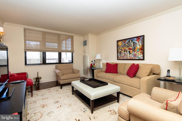 living room with light wood-type flooring and ornamental molding