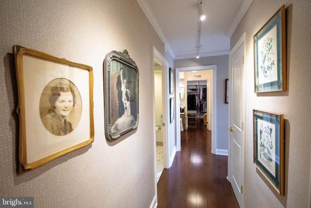 hall featuring rail lighting, dark wood-type flooring, and ornamental molding