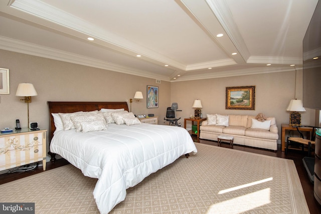 bedroom with crown molding and wood-type flooring