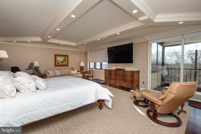 bedroom featuring multiple windows, crown molding, and beamed ceiling