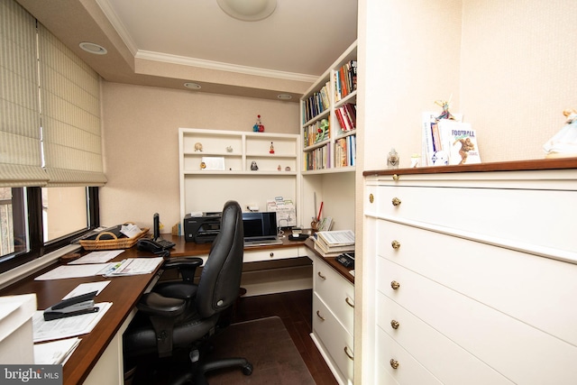 home office featuring dark hardwood / wood-style flooring and crown molding