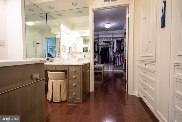 bathroom with wood-type flooring, vanity, and ornamental molding