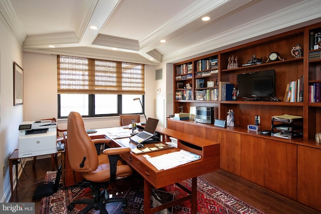 office featuring crown molding, beamed ceiling, and dark wood-type flooring