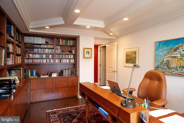 office area with beam ceiling, dark hardwood / wood-style flooring, coffered ceiling, and ornamental molding