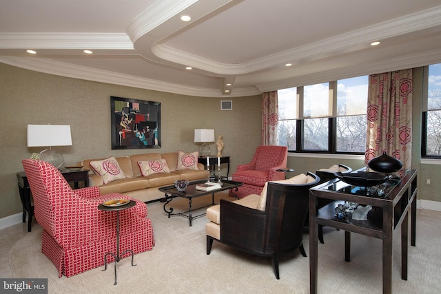 carpeted living room with plenty of natural light and ornamental molding