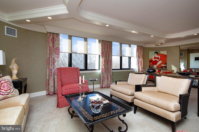 living room with beam ceiling, light carpet, coffered ceiling, and ornamental molding