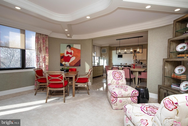 dining space with crown molding, carpet floors, and an inviting chandelier