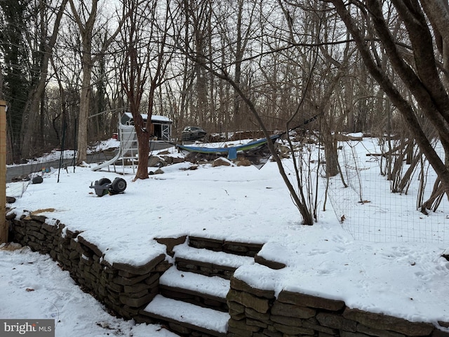 view of yard layered in snow