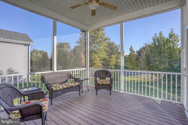 sunroom / solarium featuring ceiling fan and a wealth of natural light