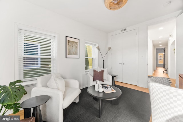 living room featuring light wood-type flooring and a wealth of natural light