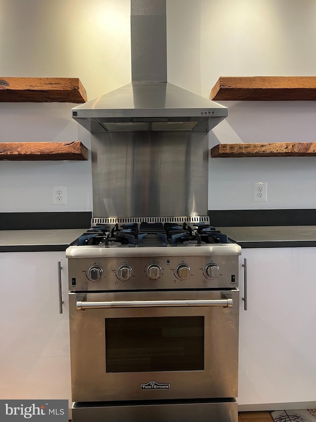 kitchen featuring island exhaust hood and high end stove