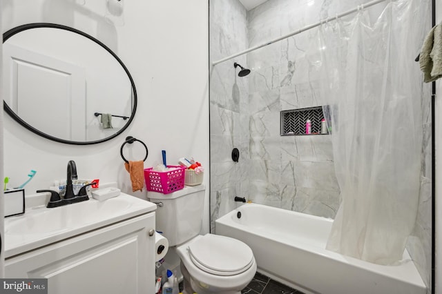 full bathroom featuring tile patterned flooring, vanity, toilet, and shower / bathtub combination with curtain