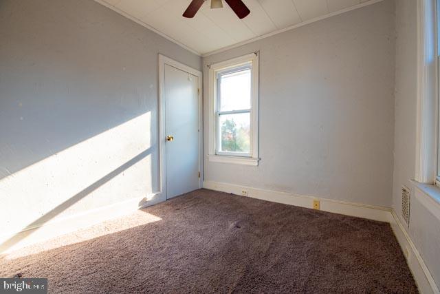 carpeted empty room with ceiling fan and crown molding