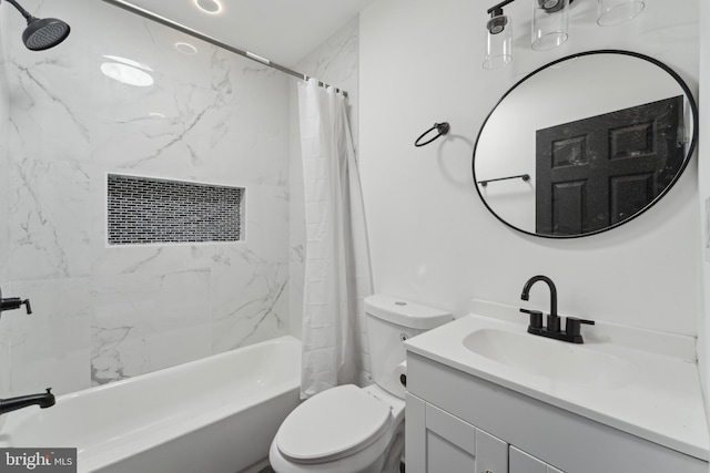 full bathroom featuring vanity, shower / bath combination with curtain, and toilet