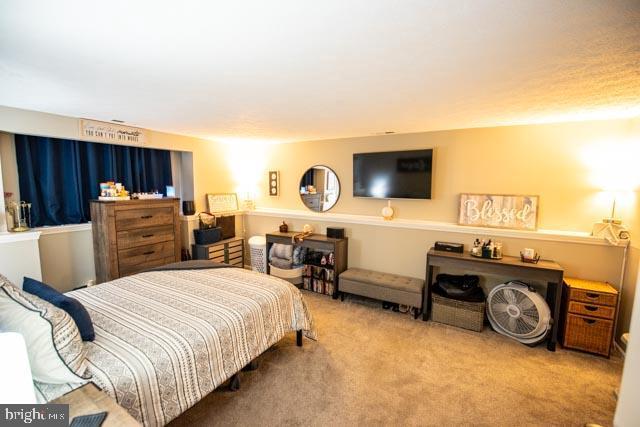 bedroom featuring light colored carpet