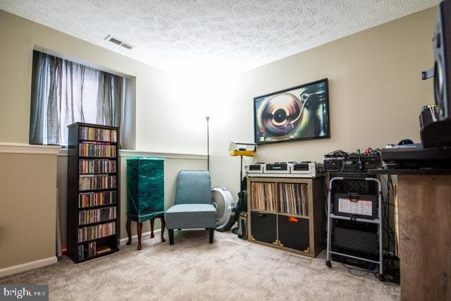 living area with a textured ceiling and light colored carpet