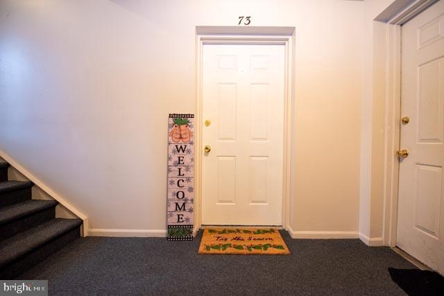 entrance foyer featuring dark carpet