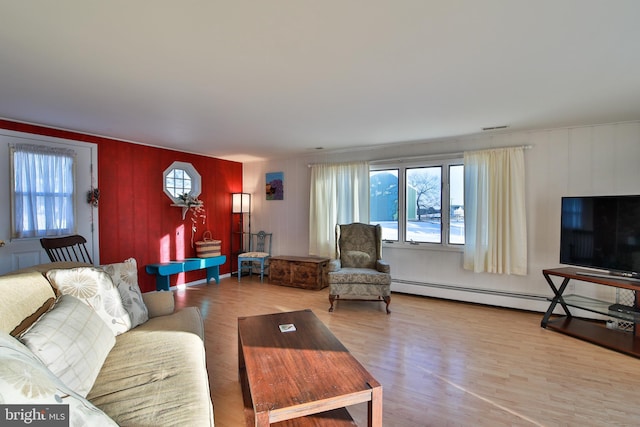 living room featuring hardwood / wood-style flooring and baseboard heating