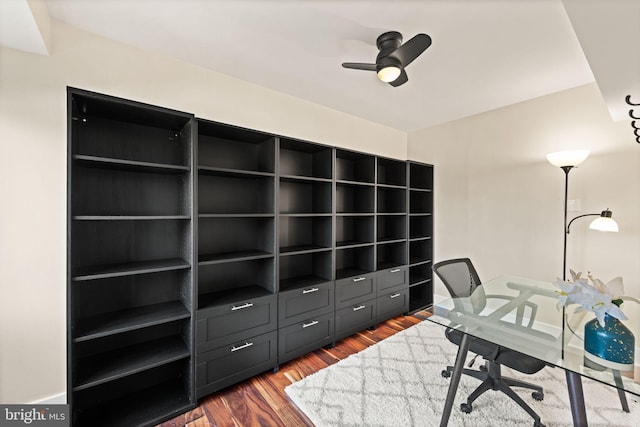 office with hardwood / wood-style floors and ceiling fan