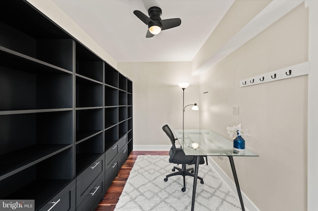 home office featuring dark wood-type flooring and ceiling fan