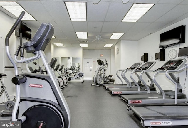 gym featuring ceiling fan and a drop ceiling