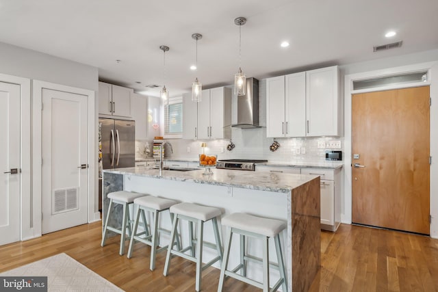 kitchen featuring an island with sink, wall chimney exhaust hood, white cabinetry, and a sink