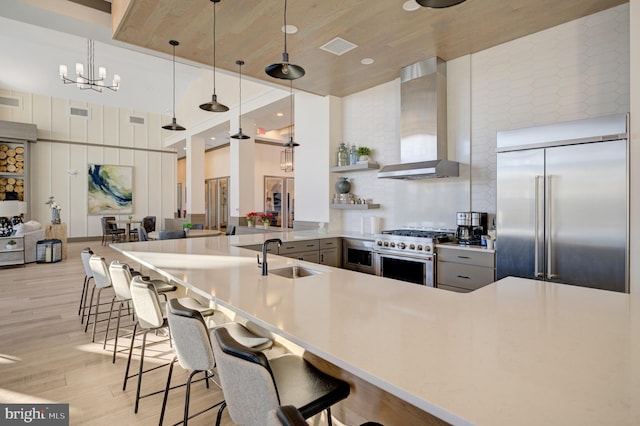 kitchen featuring premium appliances, sink, wall chimney range hood, pendant lighting, and a breakfast bar area