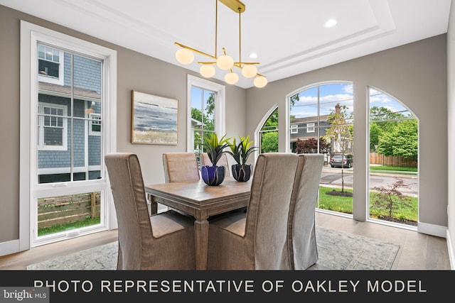 dining room featuring a tray ceiling, light hardwood / wood-style floors, and a chandelier