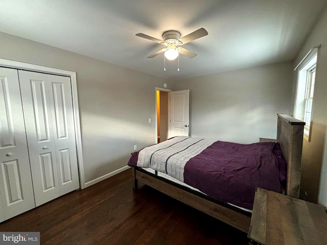 bedroom featuring a closet, ceiling fan, and dark hardwood / wood-style floors