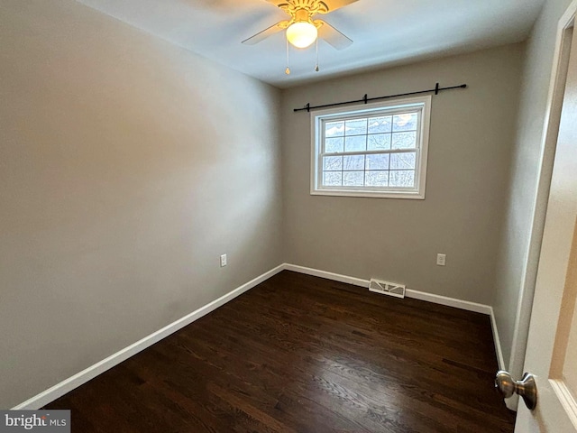 empty room featuring ceiling fan and dark hardwood / wood-style flooring