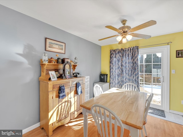 dining room featuring light wood-type flooring and ceiling fan