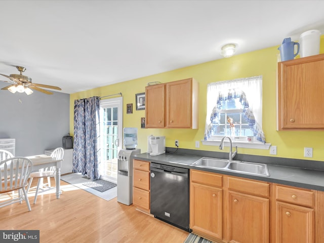 kitchen featuring ceiling fan, light wood-type flooring, sink, and black dishwasher