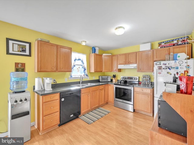 kitchen featuring stainless steel electric stove, dishwasher, white refrigerator, light hardwood / wood-style flooring, and sink