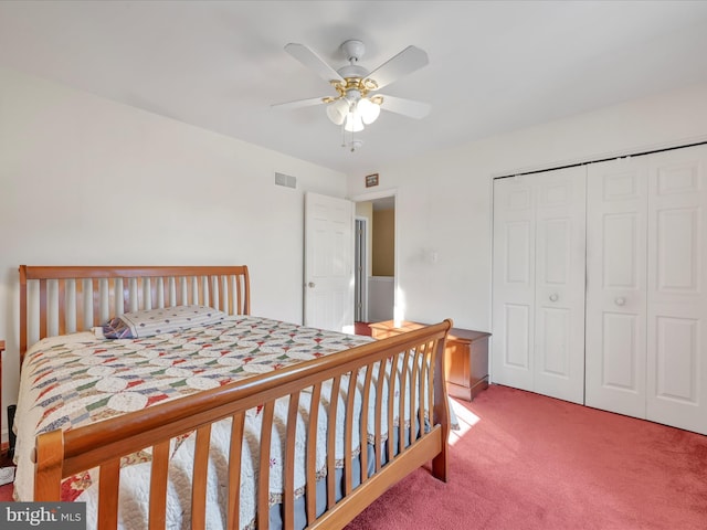 bedroom featuring a closet, carpet flooring, and ceiling fan