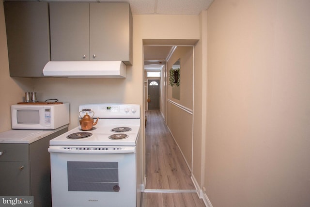 kitchen with gray cabinets, white appliances, and light wood-type flooring