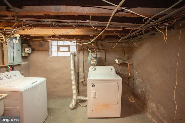 clothes washing area with washing machine and dryer and electric panel