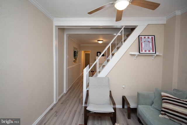 staircase featuring hardwood / wood-style flooring, ceiling fan, and crown molding