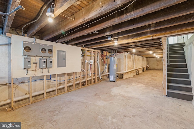 basement with electric panel and water heater