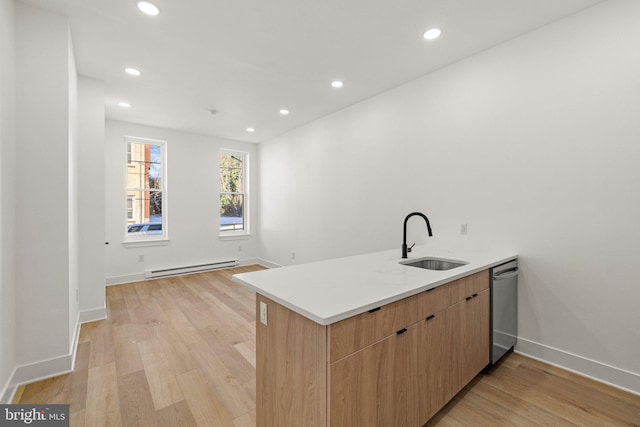 kitchen with kitchen peninsula, stainless steel dishwasher, sink, a baseboard radiator, and light hardwood / wood-style flooring