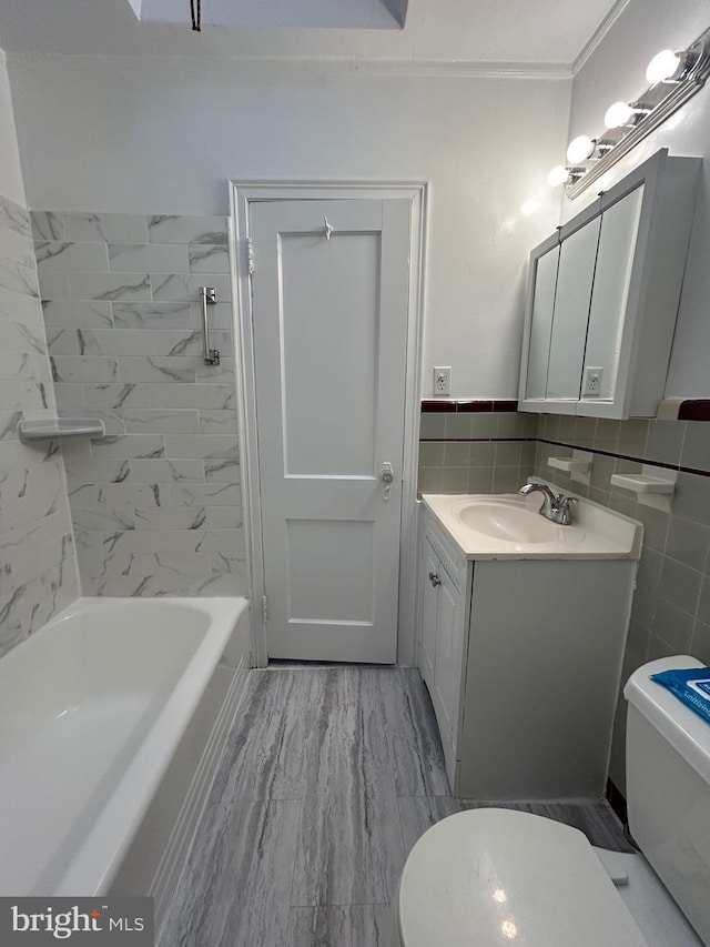 full bathroom featuring tile walls, vanity, hardwood / wood-style floors, and toilet