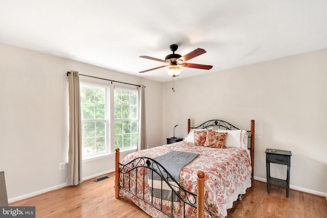 bedroom with ceiling fan and light wood-type flooring