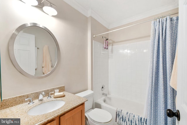 full bathroom with toilet, vanity, shower / tub combo, and ornamental molding