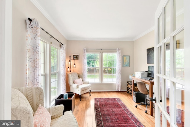 office space featuring french doors, light hardwood / wood-style flooring, and ornamental molding