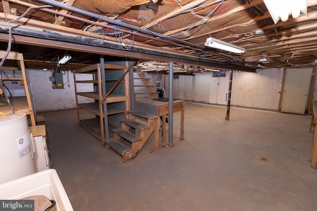 basement with electric panel and water heater