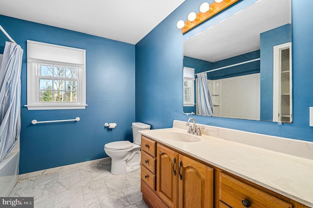 full bathroom featuring vanity, toilet, and shower / bathtub combination with curtain