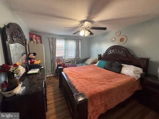 bedroom featuring a textured ceiling, ceiling fan, and dark hardwood / wood-style floors