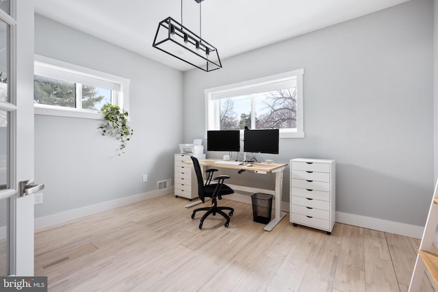 office area with light hardwood / wood-style flooring and a healthy amount of sunlight