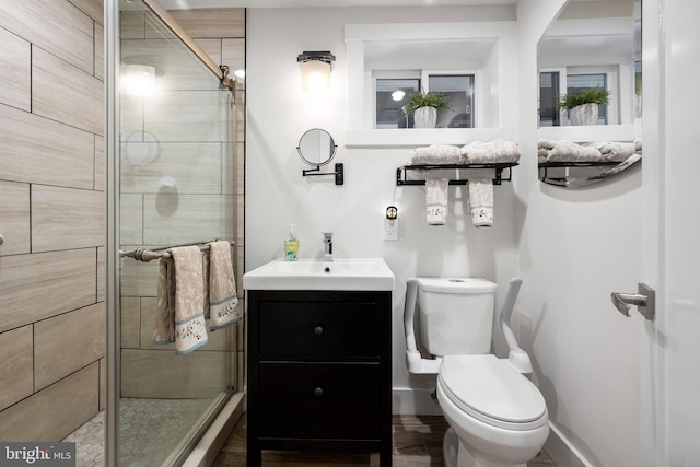 bathroom with vanity, toilet, and an enclosed shower